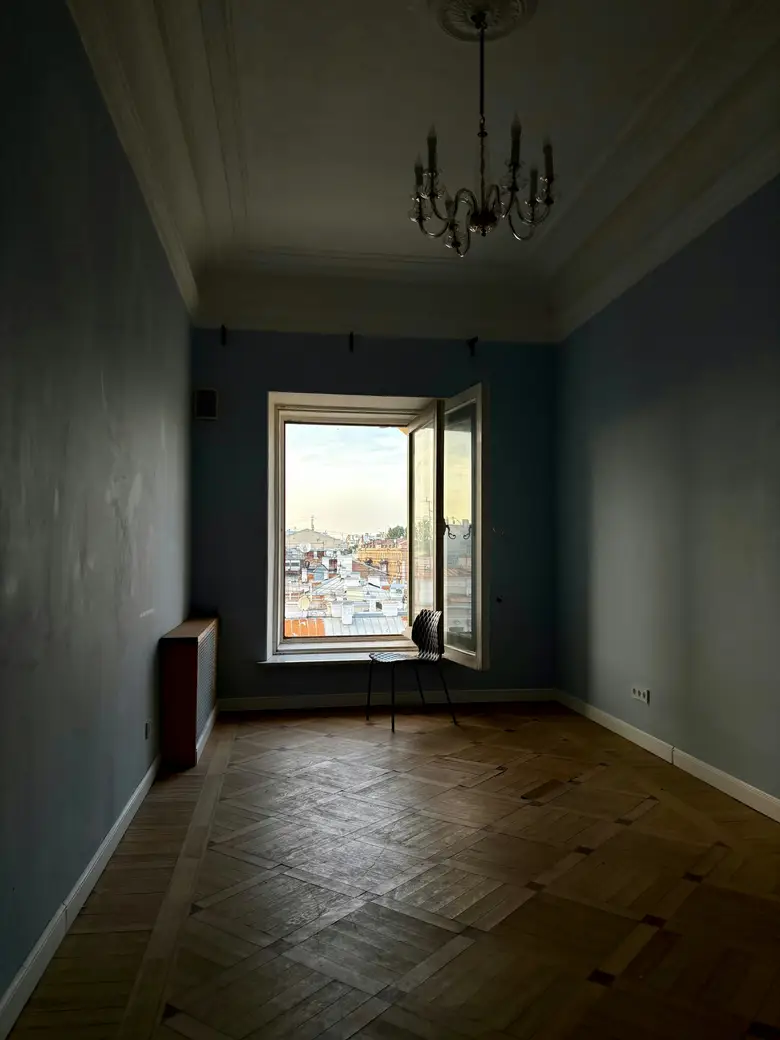 Leerer Altbauraum mit Blick auf Wien